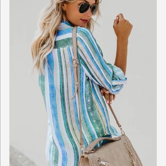 1 Left! Striped L.S. Button Down Top in Cool Colors - Picture 2 of 6